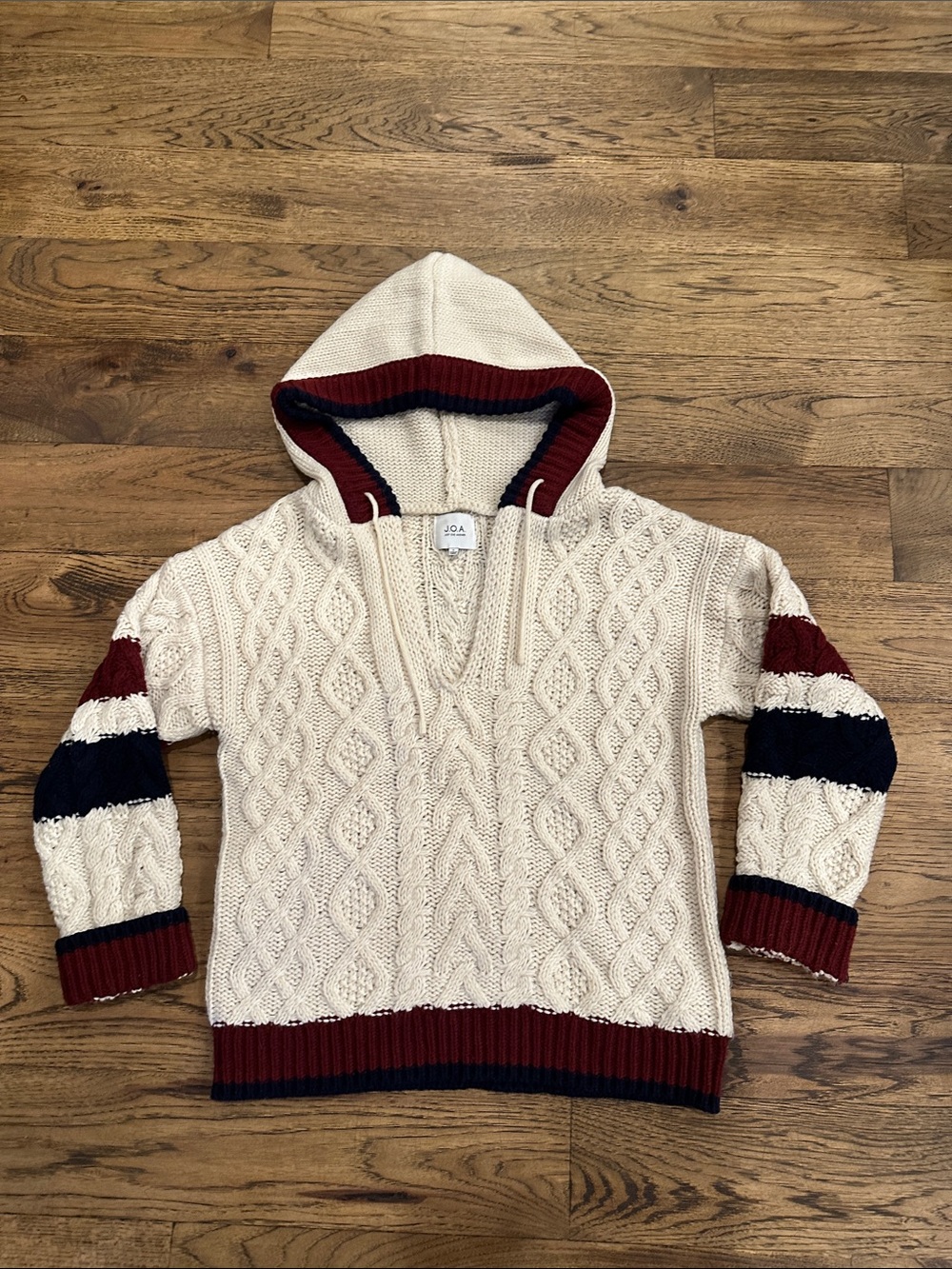 J.O.A. Cream Cable Knit Hoodie with Red & Navy Stripes